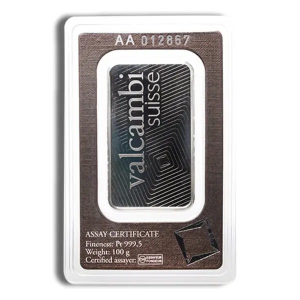 100 gram Platinum Bar Valcambi (Carded)