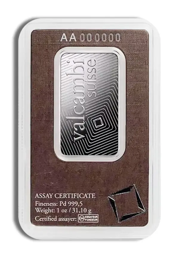 1oz Palladium Bar Valcambi (Carded)